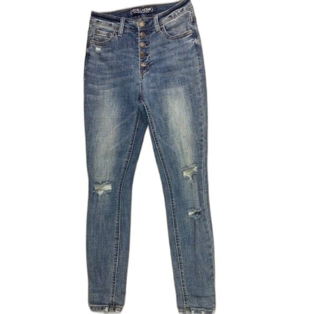 Vanilla Star Size 1 Womens Jeans Mid Rise Skinny Button Fly Distress Stretch